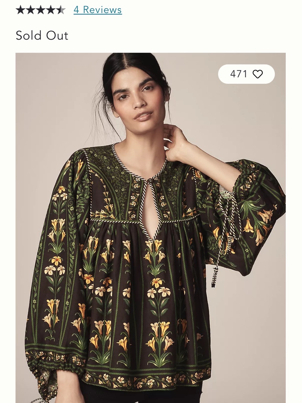 FARM Rio Black & Green Floral Peasant Blouse with Yellow Accents